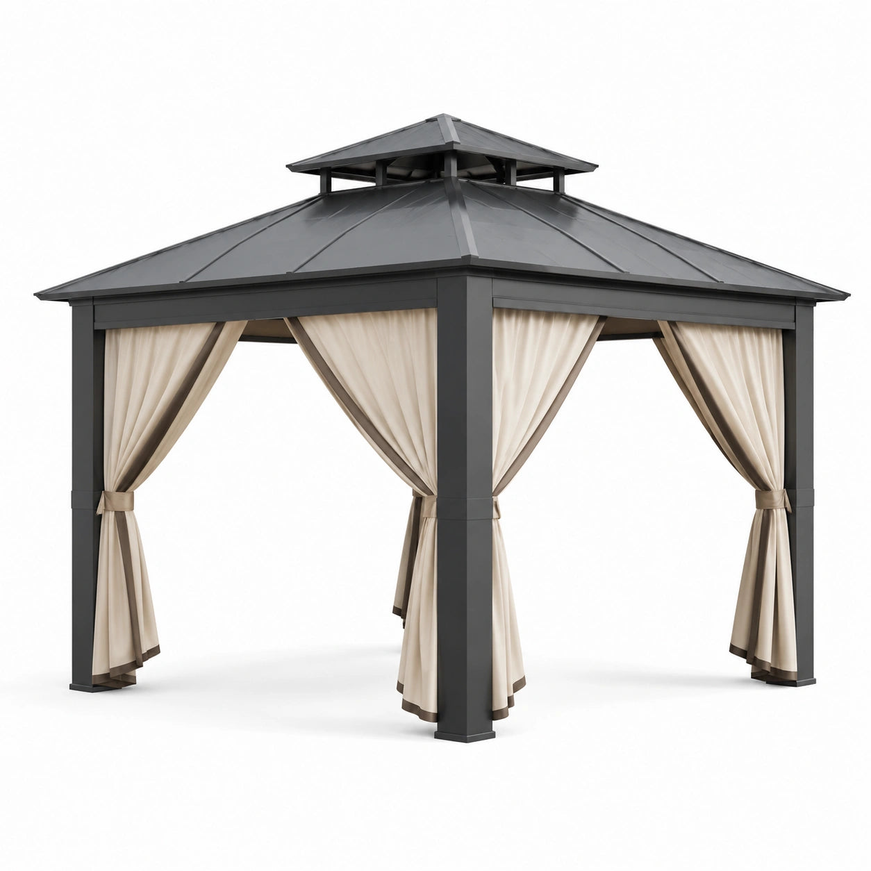 Pavillon en aluminium avec toit en acier et rideaux en polyester beige