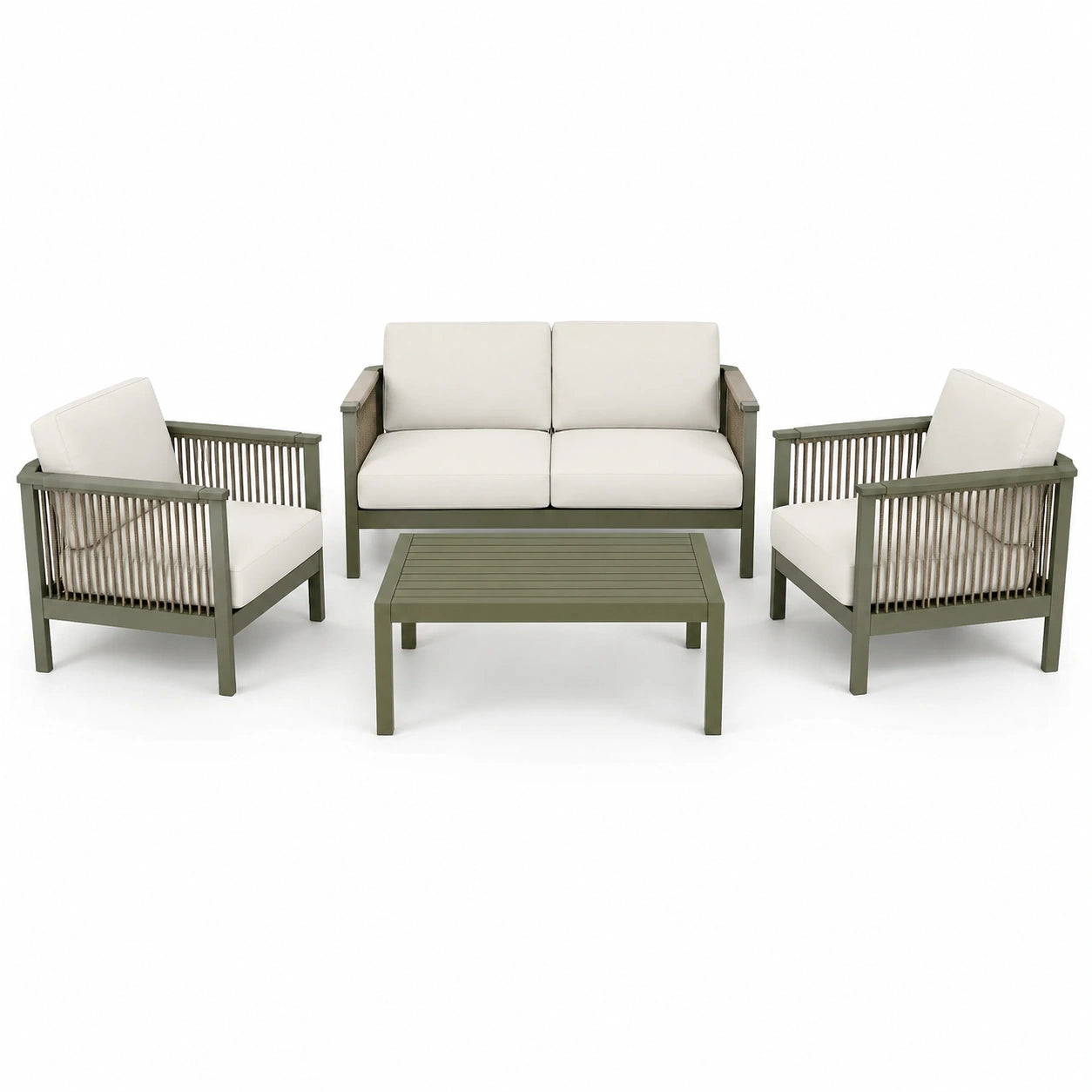 Ensemble salon de jardin en aluminium et polyester vert/ivoire avec coussins