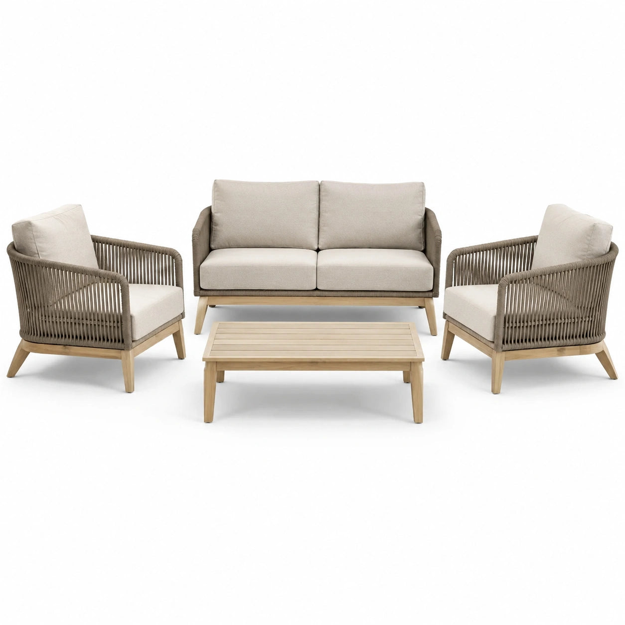 Ensemble de salon extérieur en bois d'acacia et corde avec coussins beiges