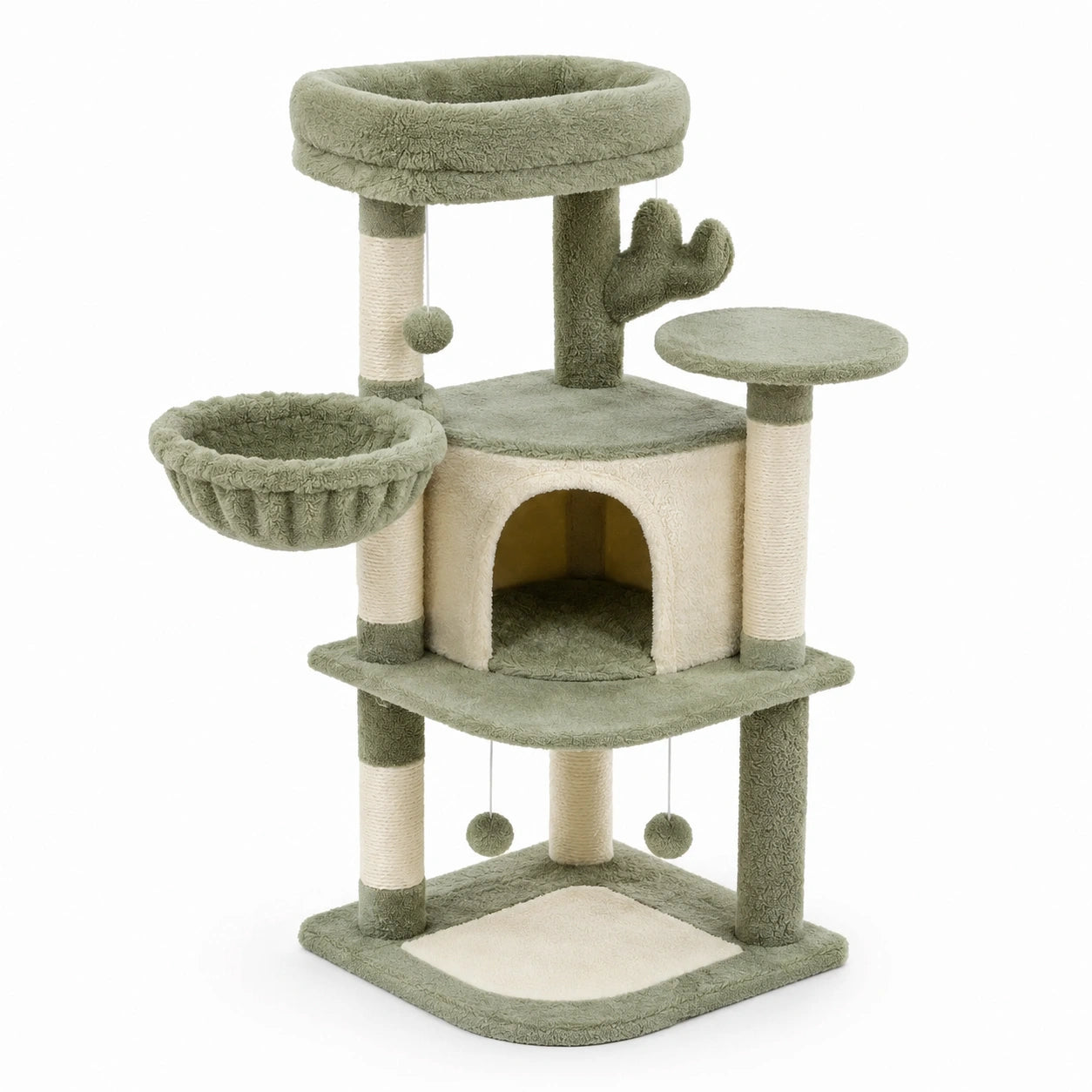 Arbre à chat en bois et peluche vert 3 niveaux