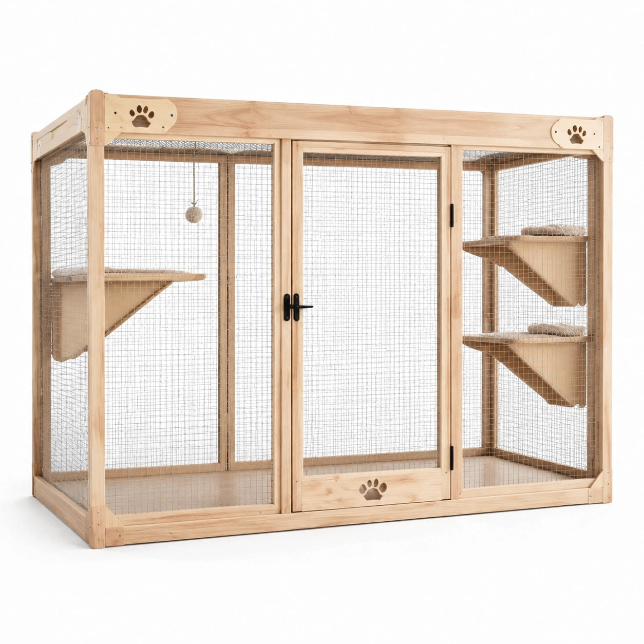 Enclos pour chat en bois avec grillage métallique et étagères, naturel, 200x100x150cm