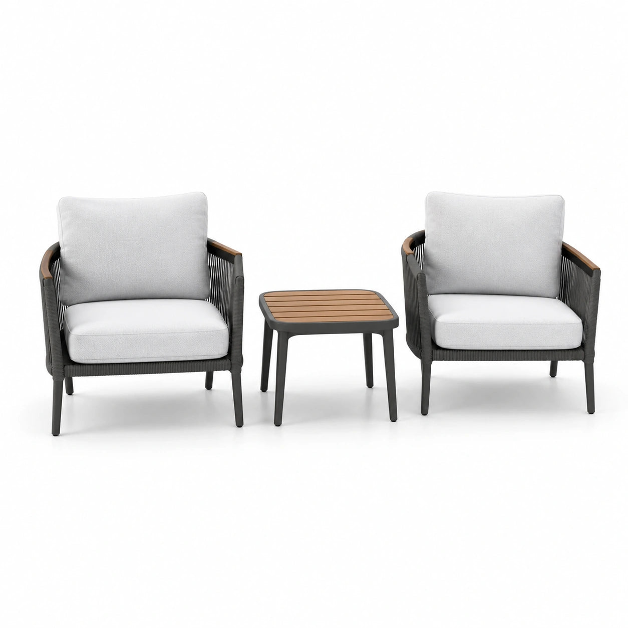 Ensemble bistro avec 2 fauteuils en aluminium, coussins en polyester, table en bois composite, noir/blanc