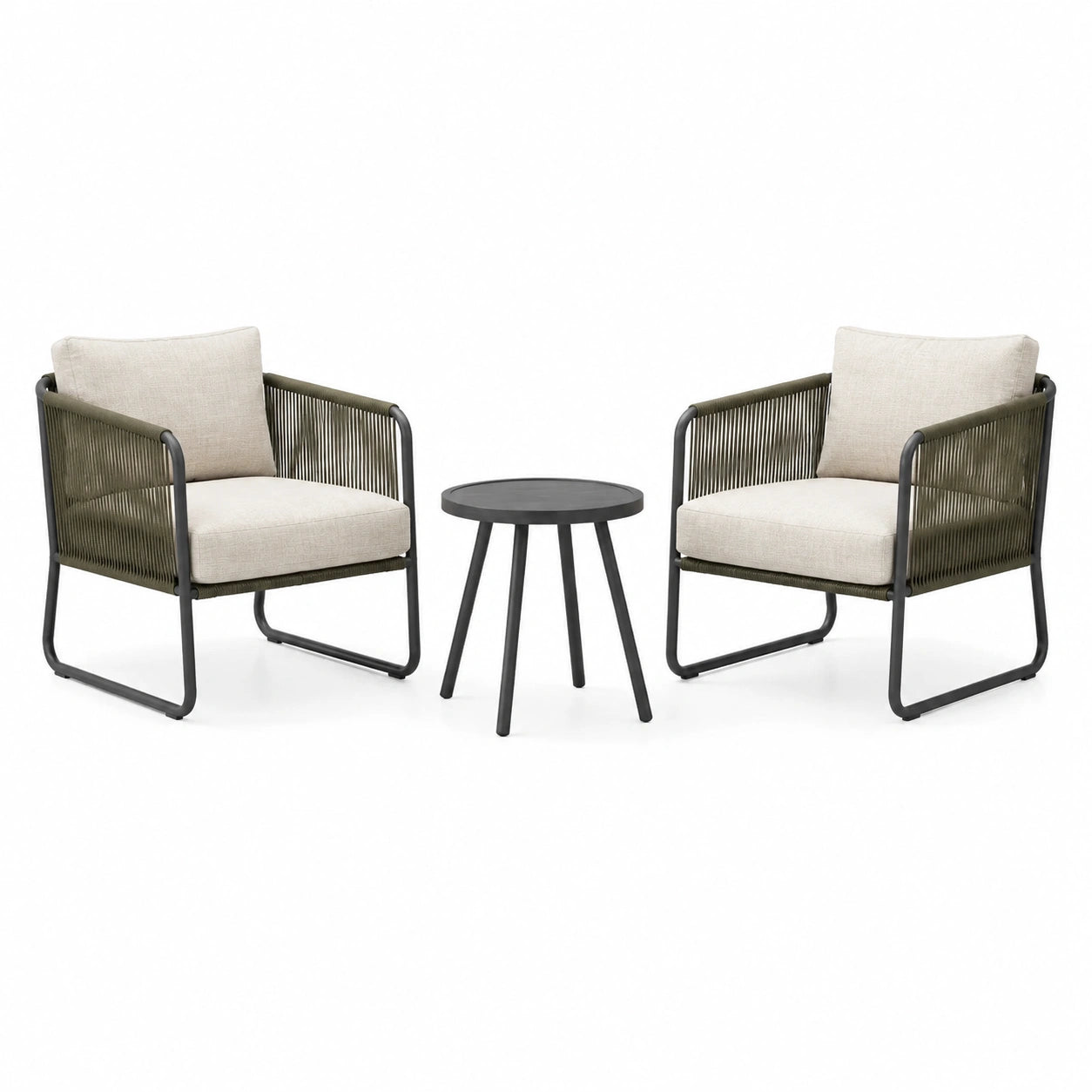 Ensemble bistrot 2 fauteuils acier corde polyester beige et table ronde noire