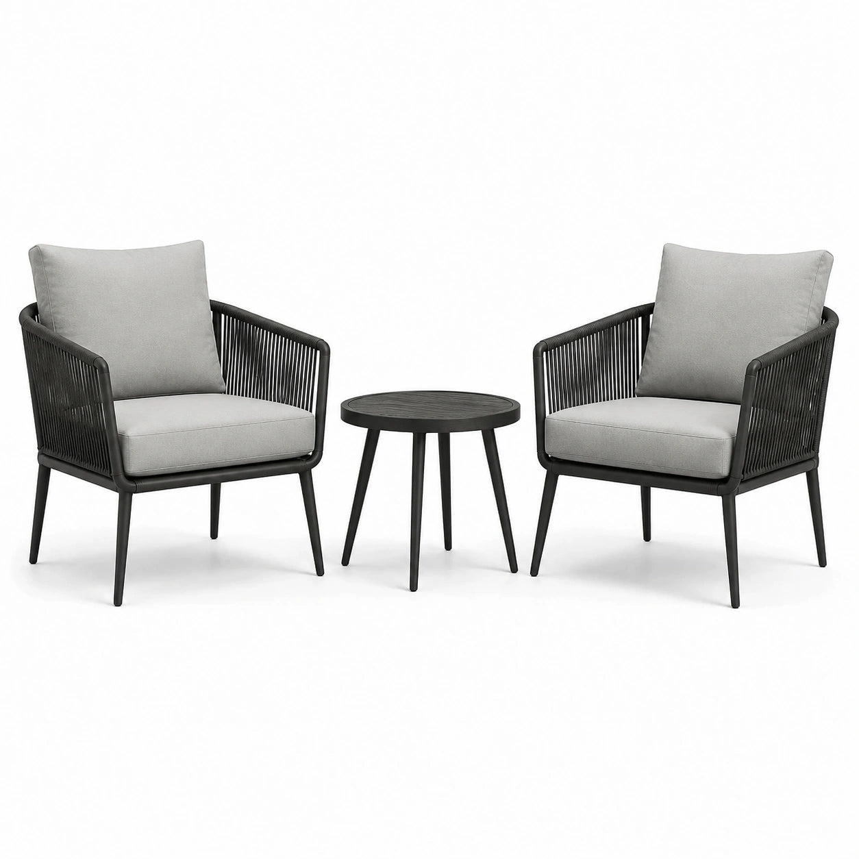 Ensemble de deux fauteuils en métal et corde polyester avec une table en métal
